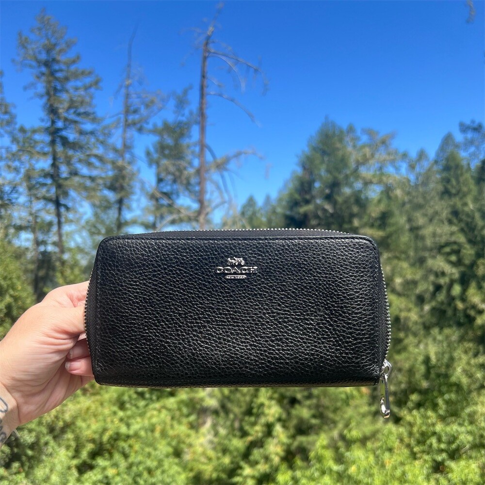 COACH Long Zip-Around Wallet BLACK Pebble Leather with Silver Hardware AUTHENTIC